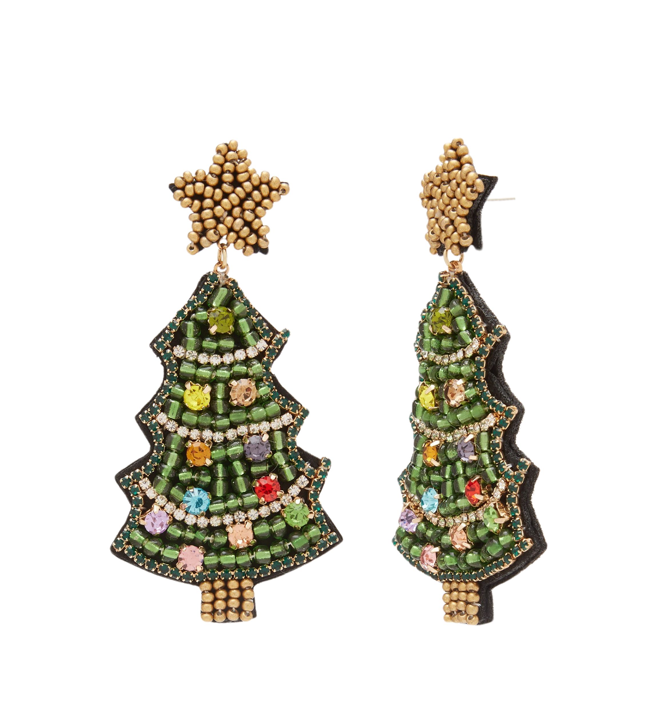 Gold Tone Green Tree Stone Earrings 