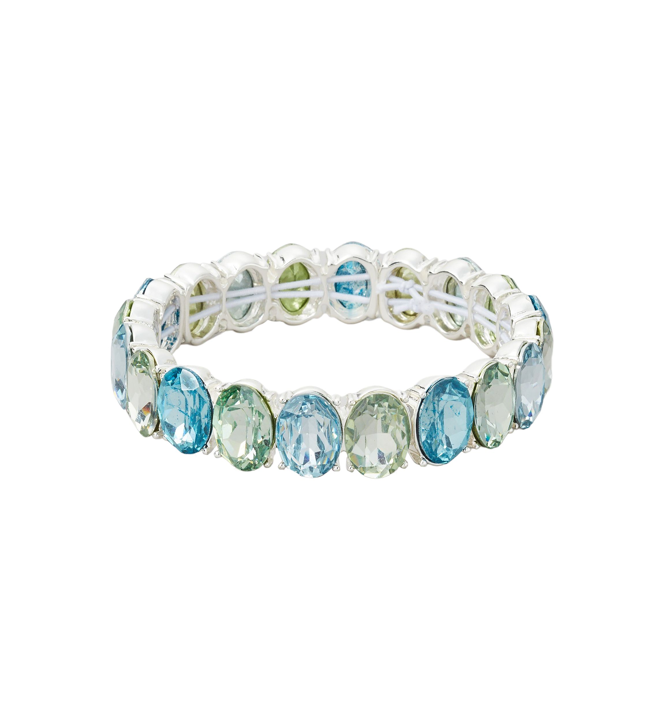 Silver Tone Blue Multi Oval Stone Stretch Bracelet 