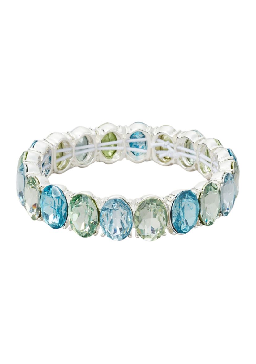 Silver Tone Blue Multi Oval Stone Stretch Bracelet 