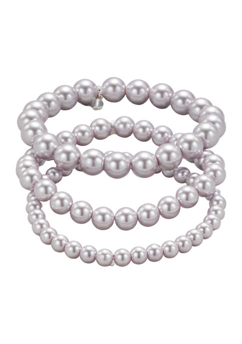 Silver Tone Lavender Pearl 3 Row Stretch Bracelet Set