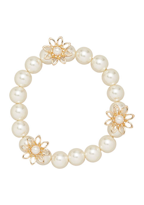 Belk Gold Tone White Pearl Flowers Stretch Bracelet