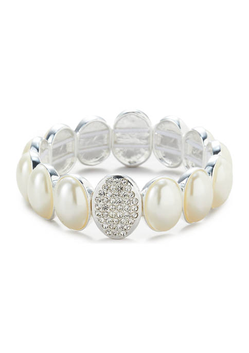 Silver Tone White Pearl Crystal Stretch Oval Bracelet