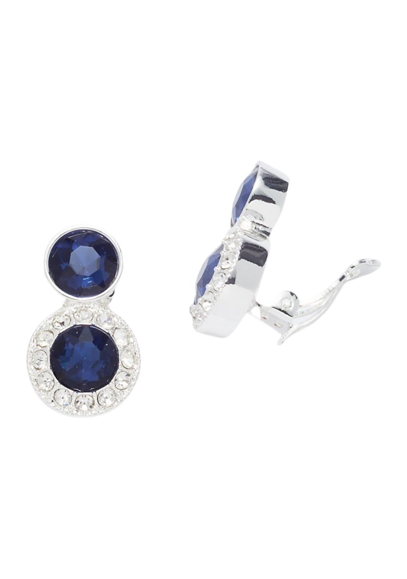 Silver Tone Blue Halo Button Clip Earrings