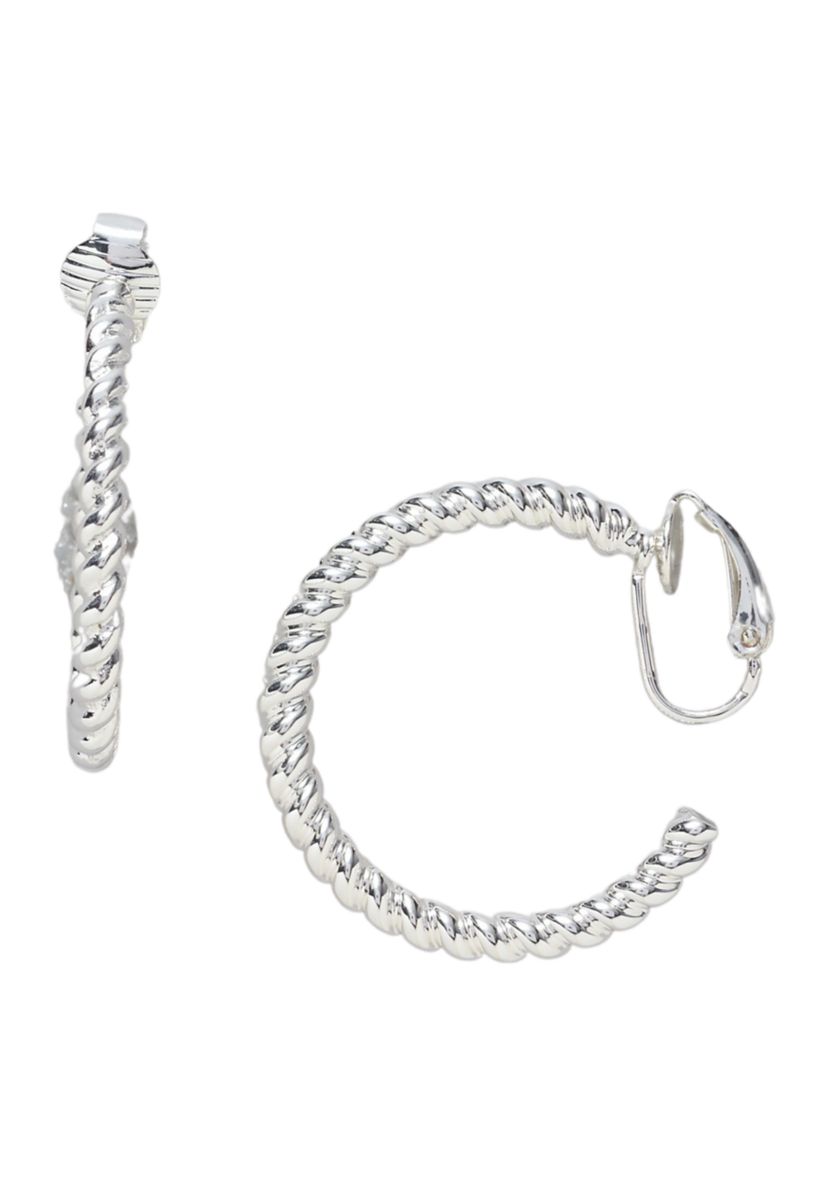 Silver Tone 30 Millimeter Rope Hoop Clip Earrings