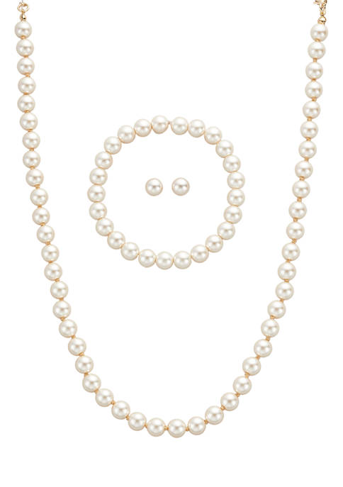 Gold Tone Champagne Pearl Necklace Earrings Bracelet Set