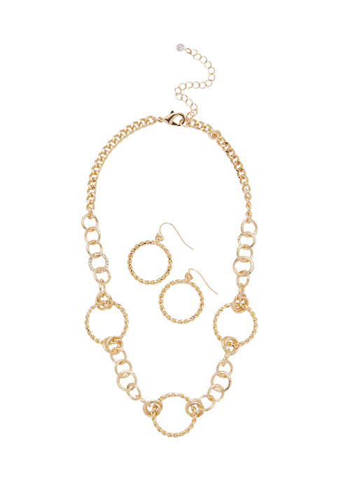 Gold Tone Rope and Pavé Rings Necklace and Earrings Set 