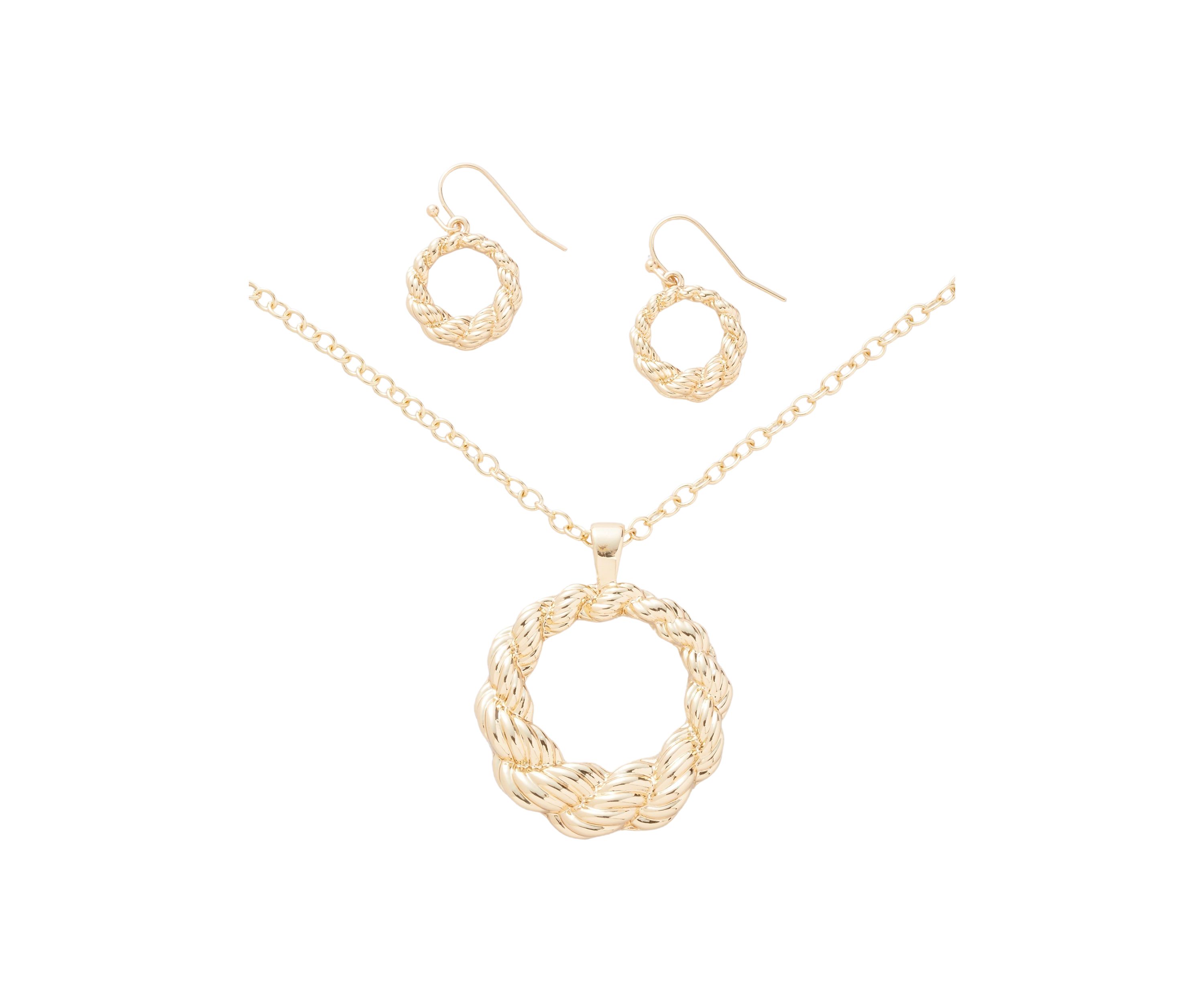 Gold Tone Round Textured Pendant Necklace and Earrings Set