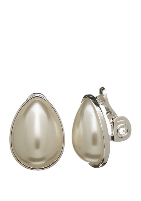 Belk Pearl Teardrop Silver Tone Clip Earrings