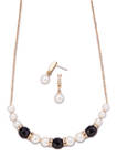 Gold Tone Jet and Crystal Pearl Frontal and Drop Necklace and Earrings Set