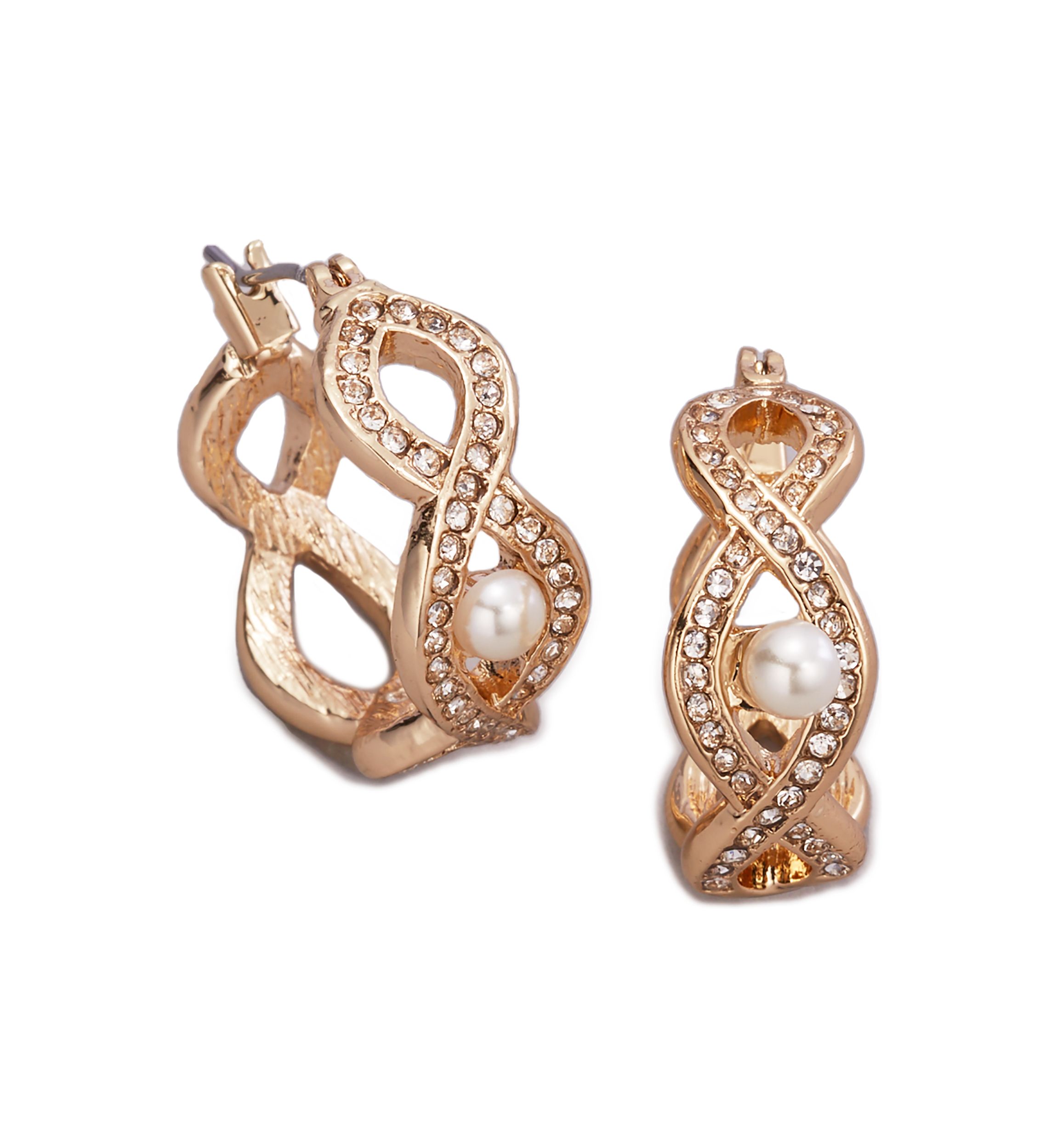 Gold Tone Pearl and Crystal Click-It Hoop Earrings 