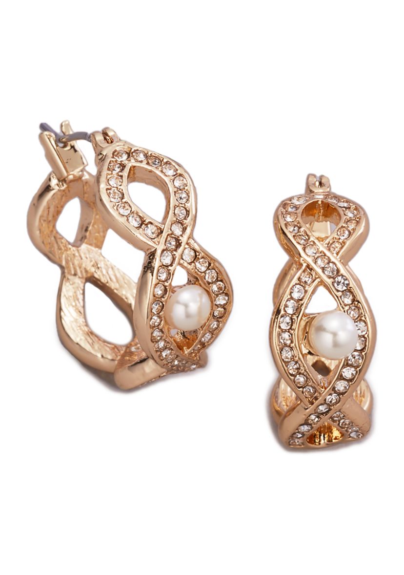 Gold Tone Pearl and Crystal Click-It Hoop Earrings 