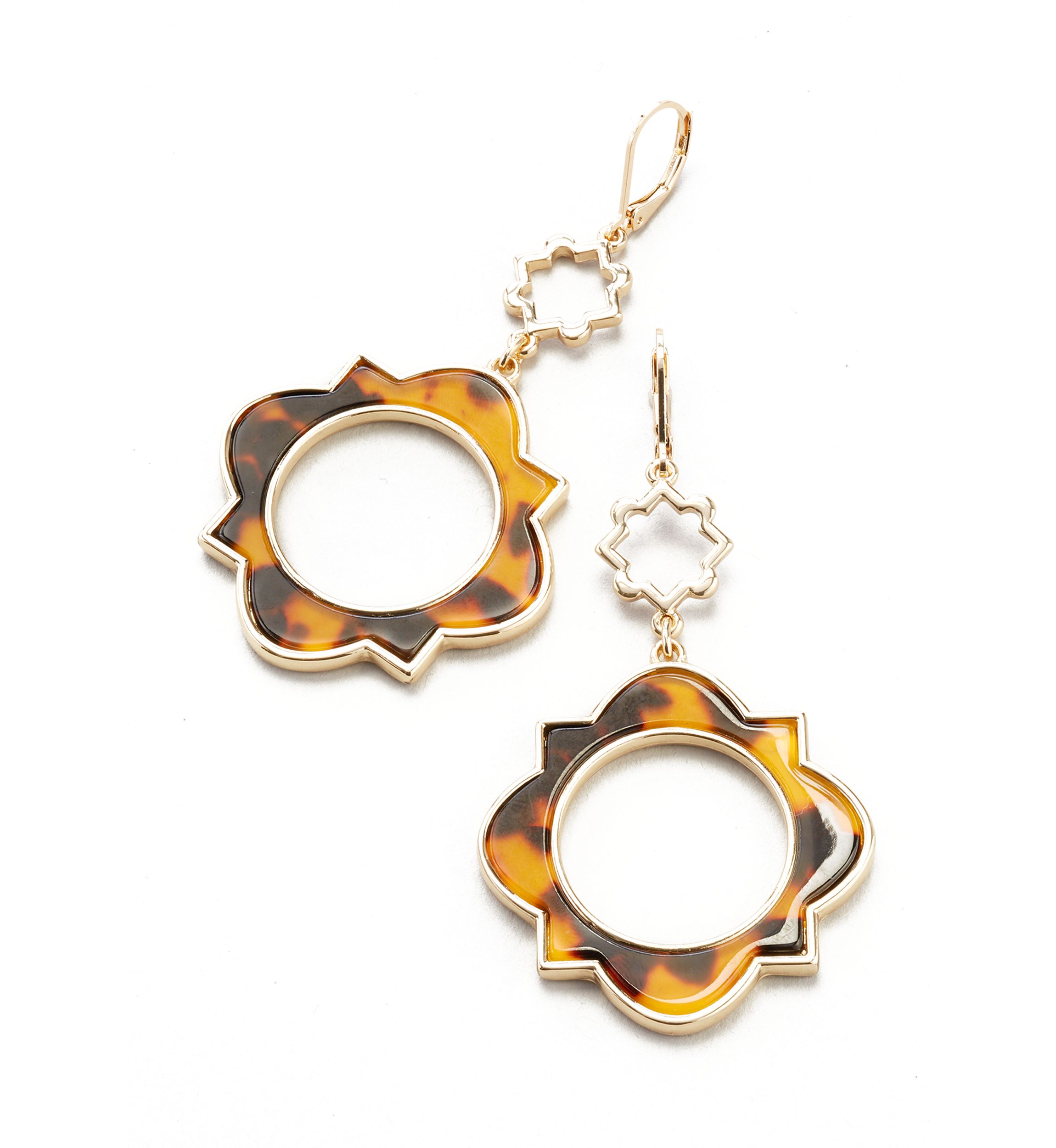 Gold Tone Tortoise Lever Back Open Double Drop Earrings