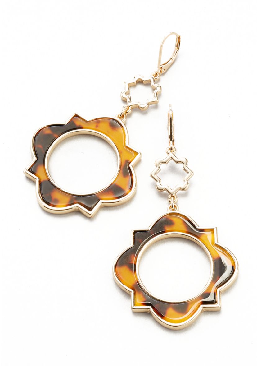 Gold Tone Tortoise Lever Back Open Double Drop Earrings