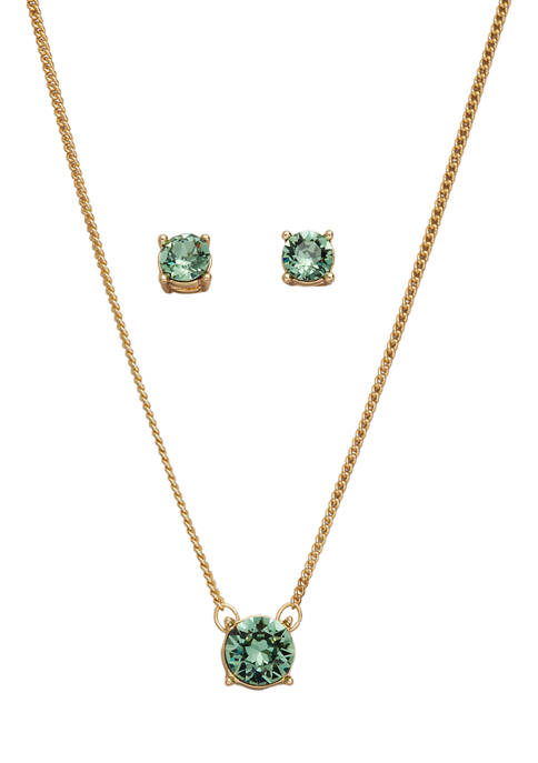 Gold Tone Erinite Swarovski® Round Pendant with Round Button Necklace and Earrings Set