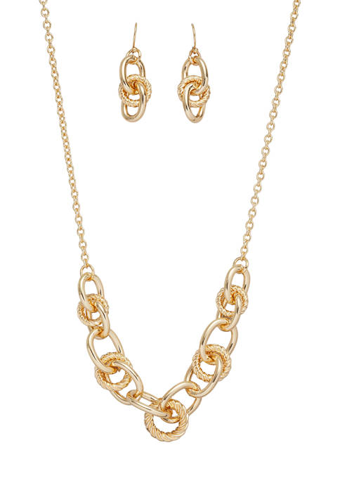 Gold Tone Knot Frontal with Knot Link Drop Necklace and Earrings Set