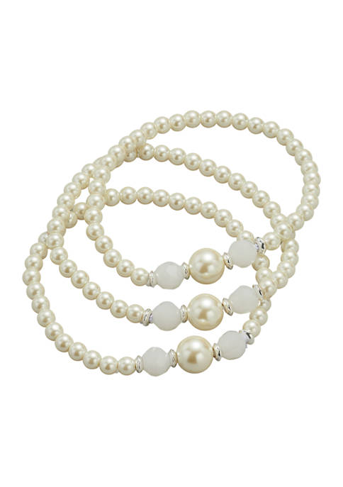 Set of 3 Silver Tone Pearl Stretch Bracelets 
