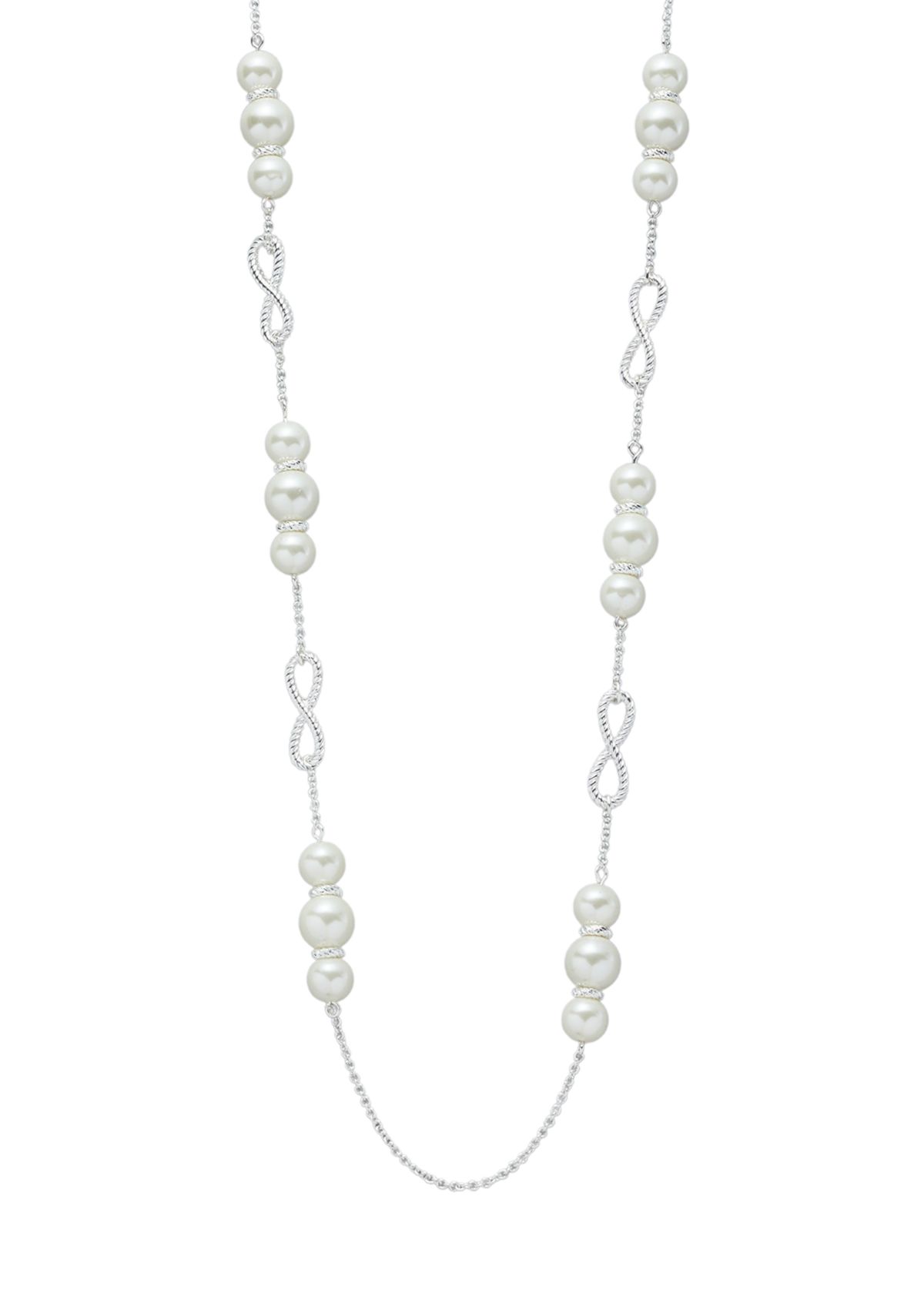 Silver Tone White Pearl 36 Inch Rope Station Necklace