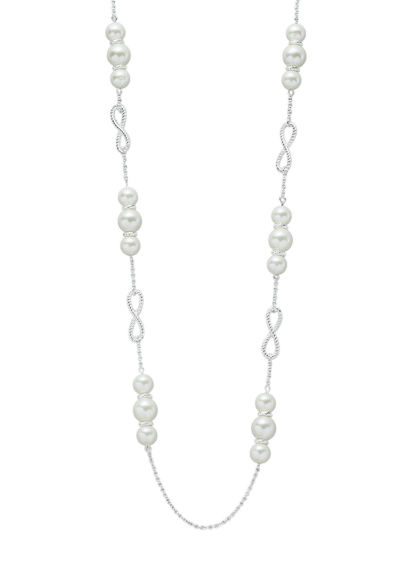 Silver Tone White Pearl 36 Inch Rope Station Necklace