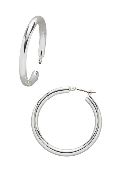 Silver Tone 20 Millimeter Click Top Medium Tubular Hoop Earrings