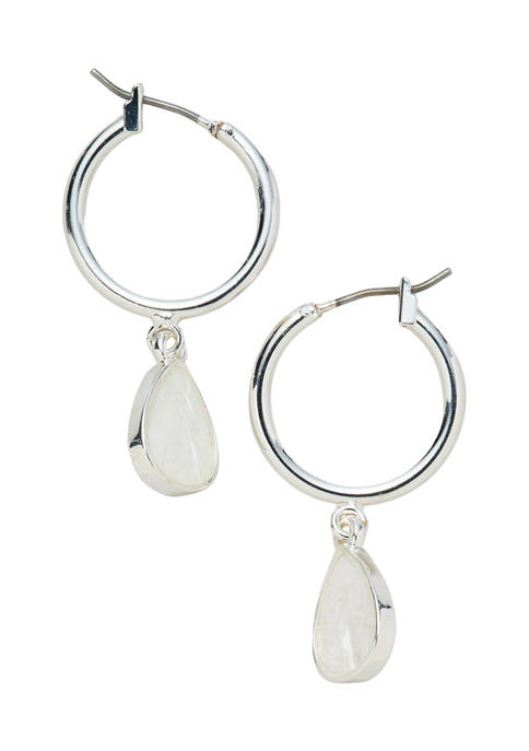 Silver Tone White Pear Drop Hoop Earrings