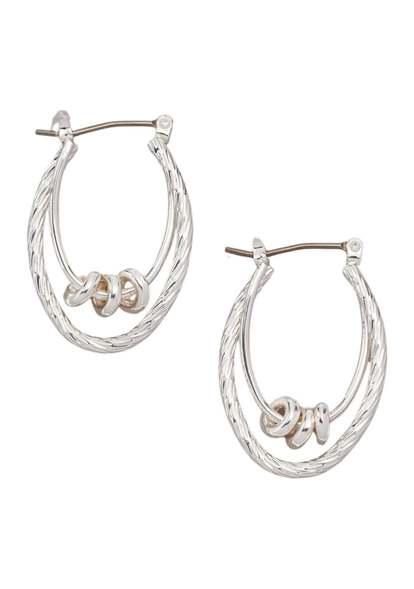 Silver Tone Double Rondelle Hoop Earrings 