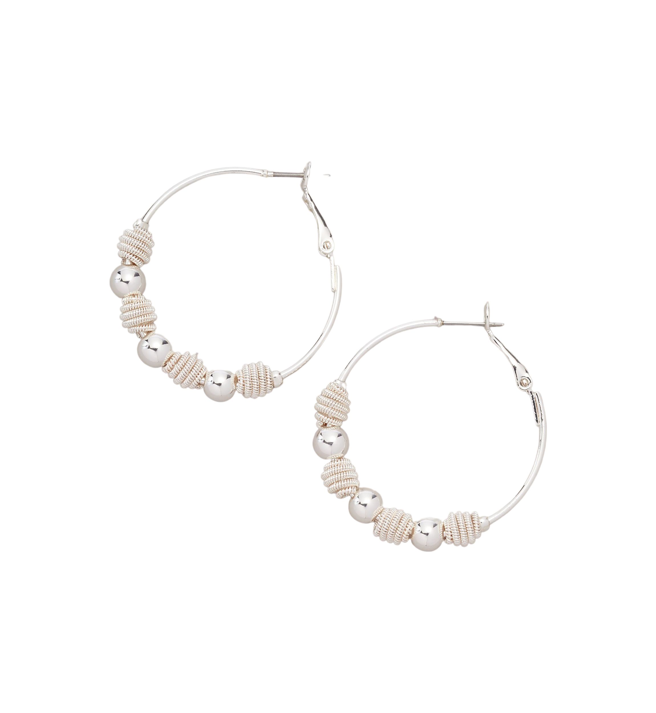 Silver Tone Textured Bead Click Top Hoop Earrings
