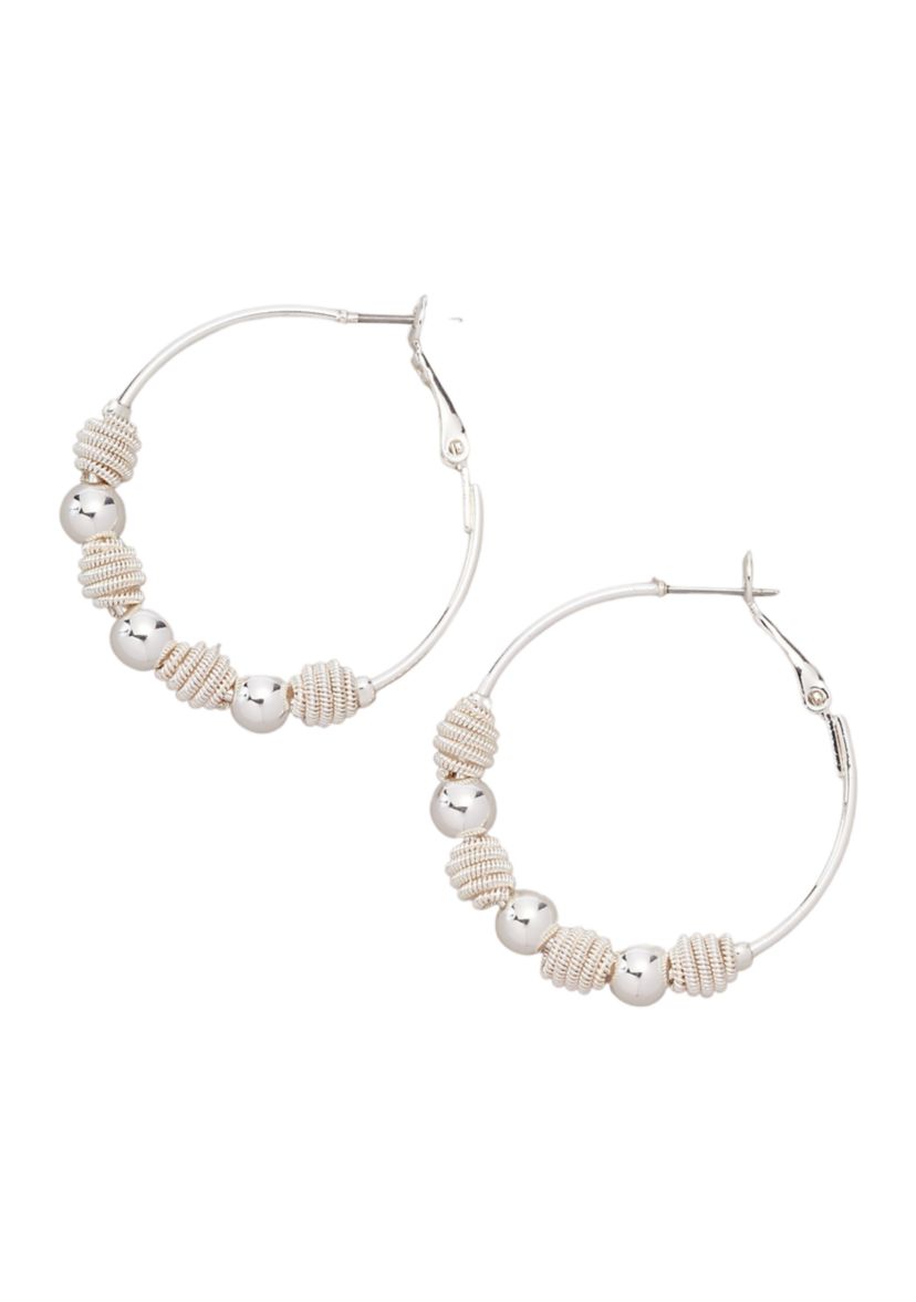 Silver Tone Textured Bead Click Top Hoop Earrings