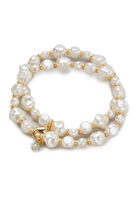 Gold Tone White Organic Pearl Stretch Bracelet 