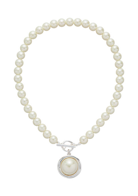 Silver Tone 17 Inch Pearl Pendant Necklace with Toggle