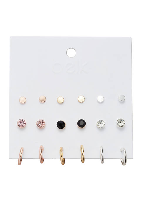 Multi Tone Button and Hoop 9 Pack Earring Set