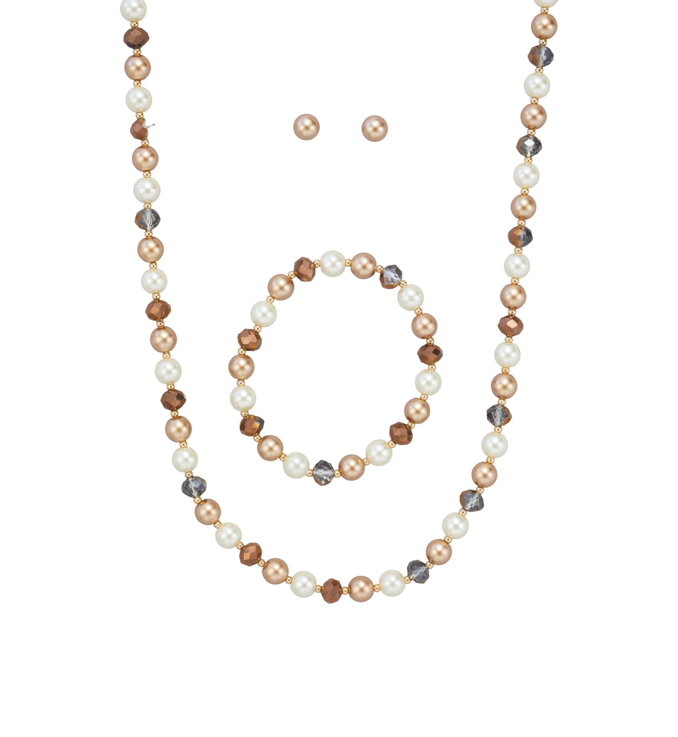 Gold Tone Champagne Pearl Multi Necklace Earrings Bracelet Carded Set 