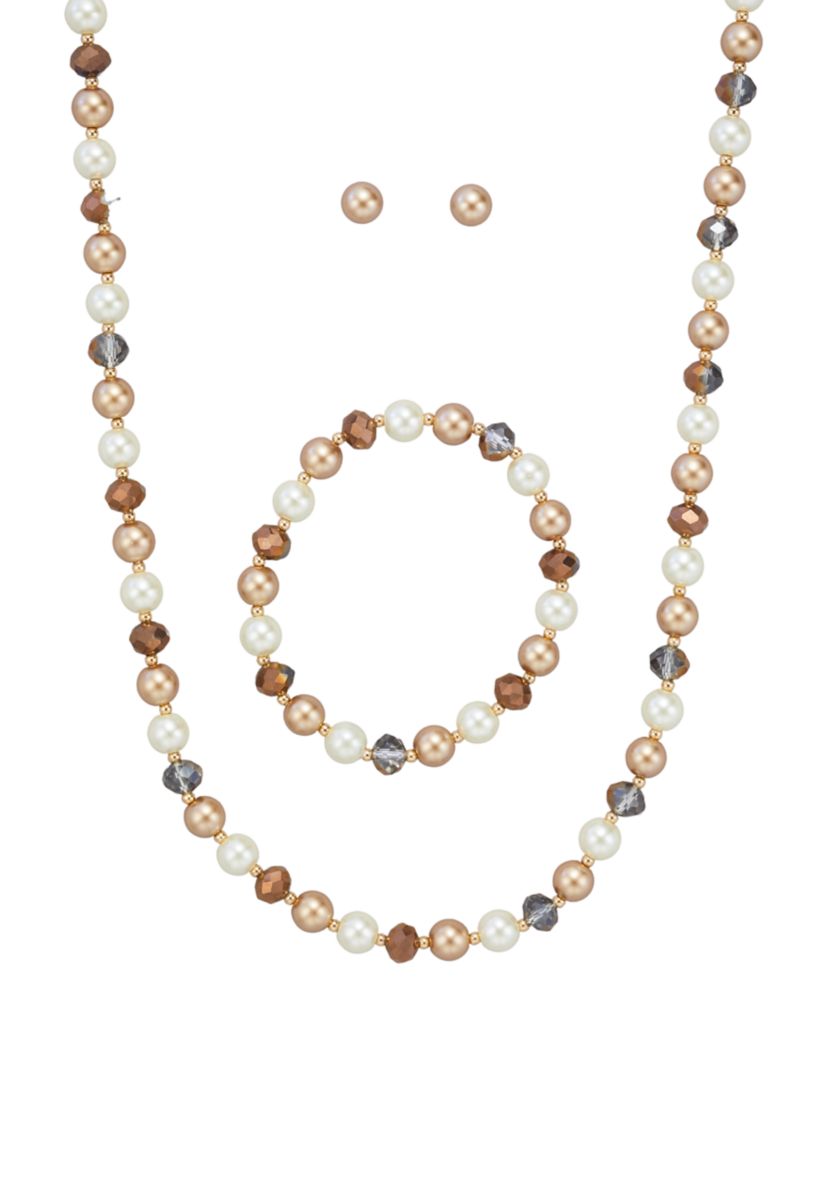 Gold Tone Champagne Pearl Multi Necklace Earrings Bracelet Carded Set 