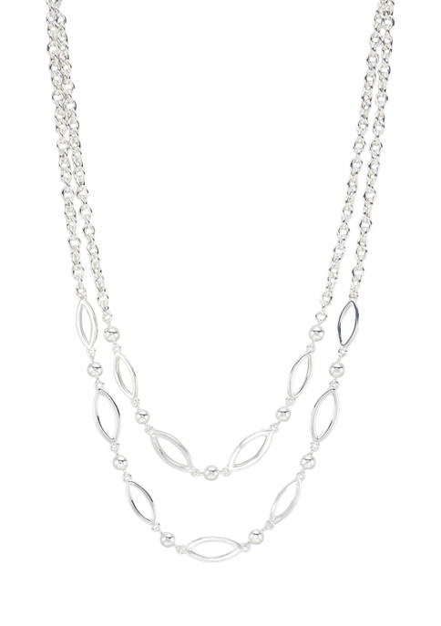 Silver Tone Open Metal Navette 16+3 Inch 2 Row Necklace