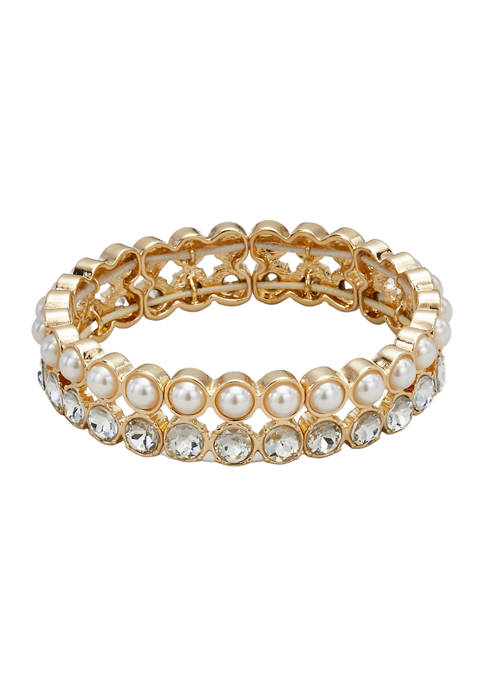 Gold Tone White Pearl Crystal 2 Row Stretch Bracelet 