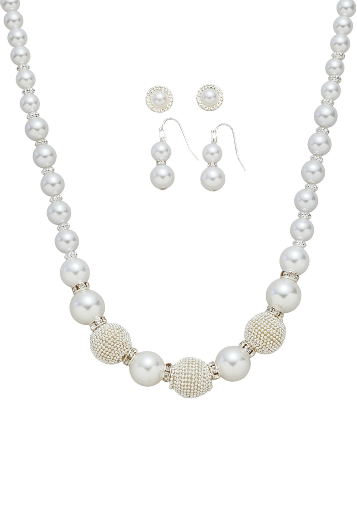 Silver Tone White Pearl 2 Earrings Textured Beaded Necklace Set 