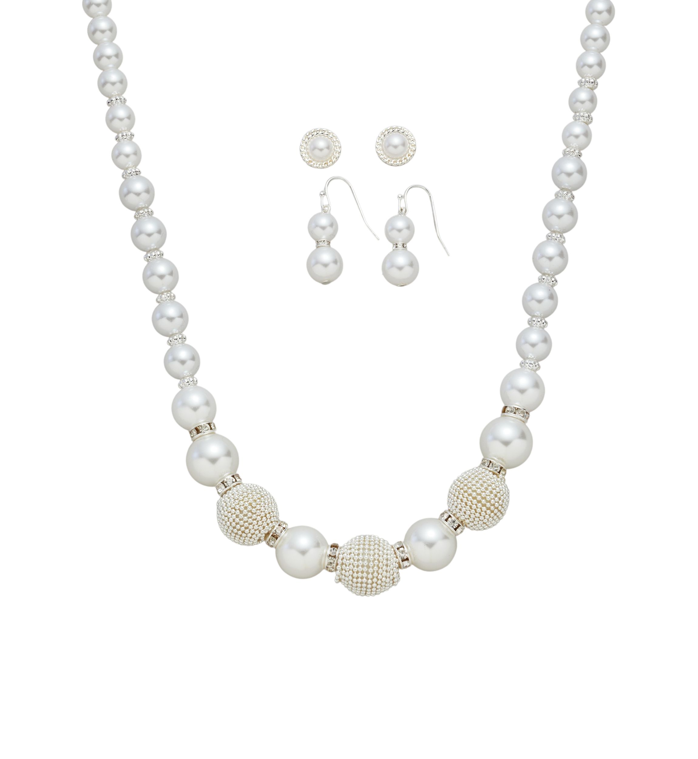 Silver Tone White Pearl 2 Earrings Textured Beaded Necklace Set 