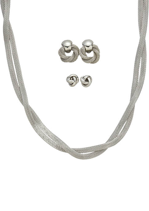 Silver Tone 2 Earrings Metal Mesh Braided Necklace Set 