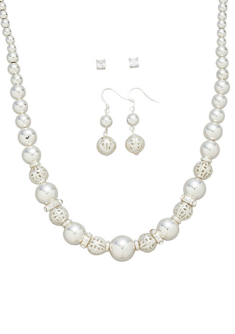 Silver Tone 2 Earrings Textured Beaded Necklace Set 