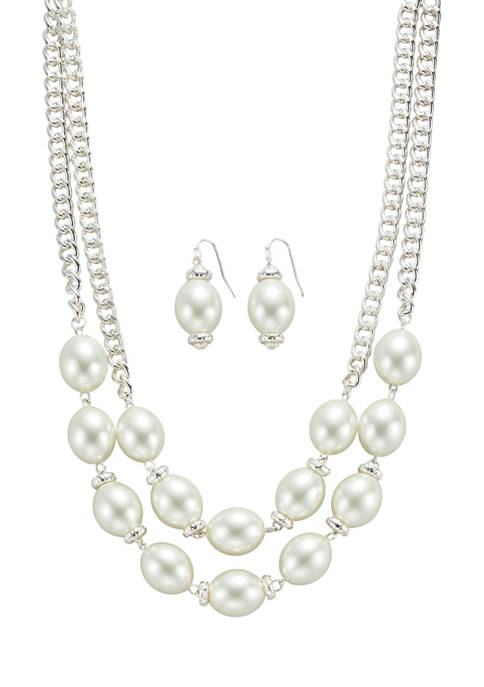 Silver Tone White Pearl Multi Row Necklace Earrings Set