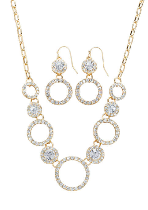 Gold Tone Crystal Social Round Pavé Frontal Necklace Earrings Set