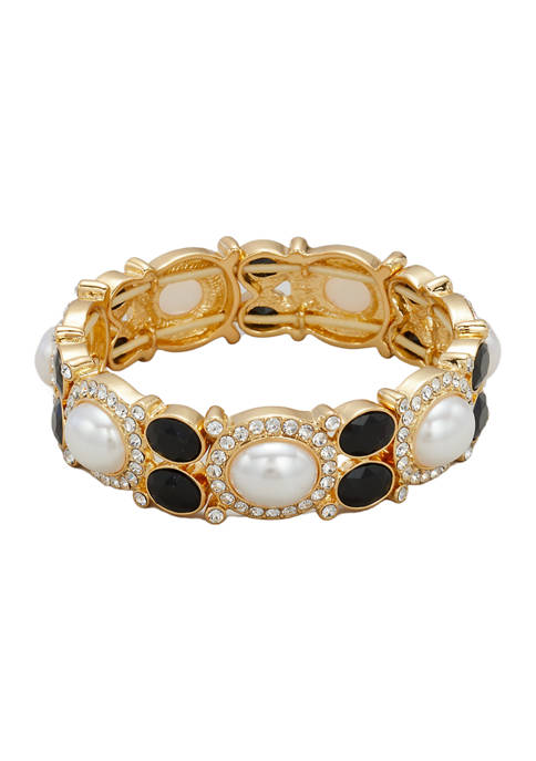 Gold Tone White Pearl Jet Crystal Stretch Bracelet 