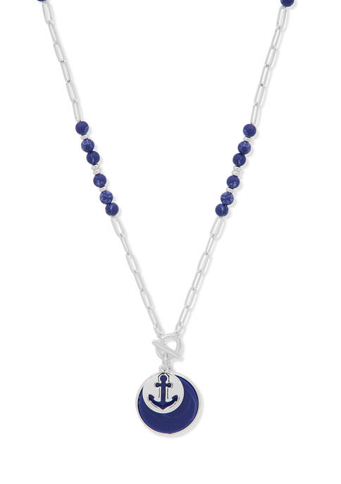 Chaps Silver Tone Blue 34&quot; Nautical Pendant Necklace