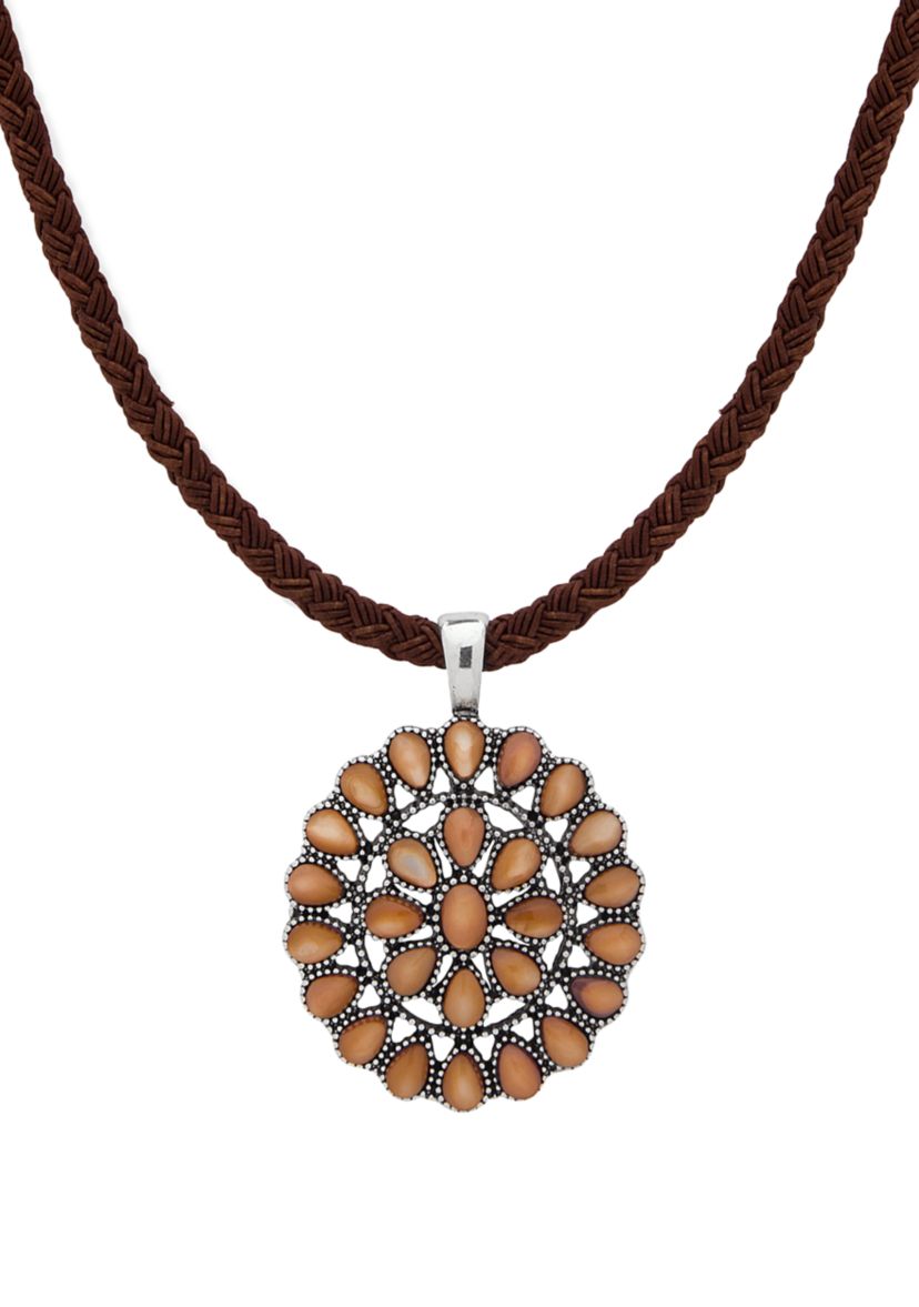 Silver Tone Concha Cord Pendant Necklace