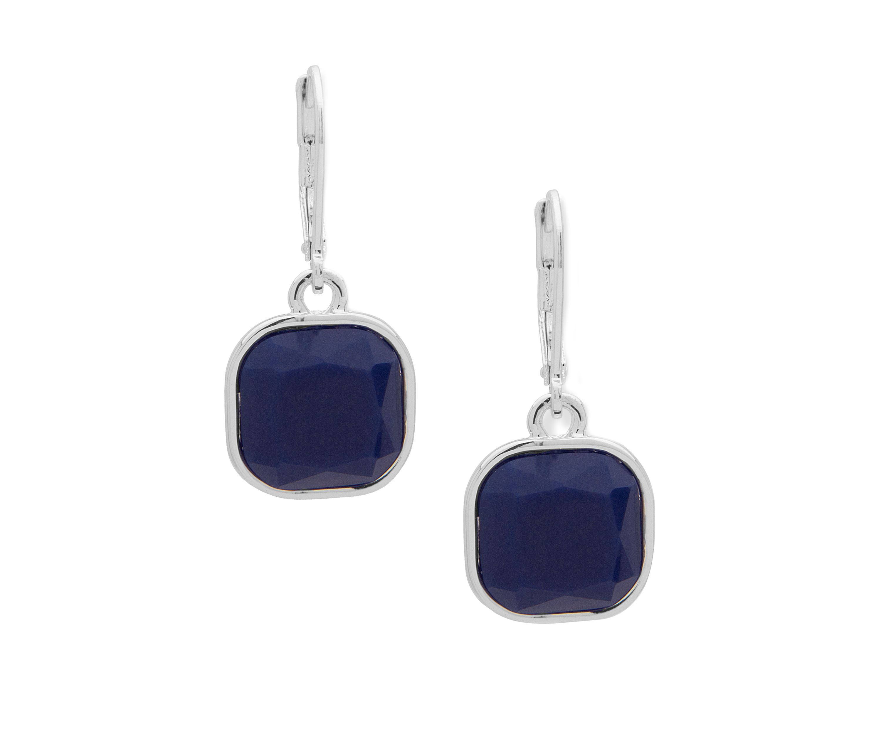 Silver-Tone Blue Square Drop Lever Back Earrings