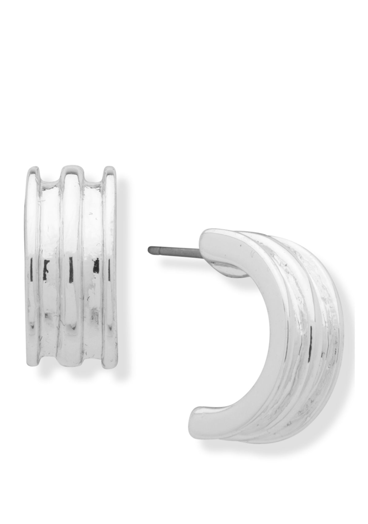 Silver-Tone Ribbed C Hoop Post Earrings