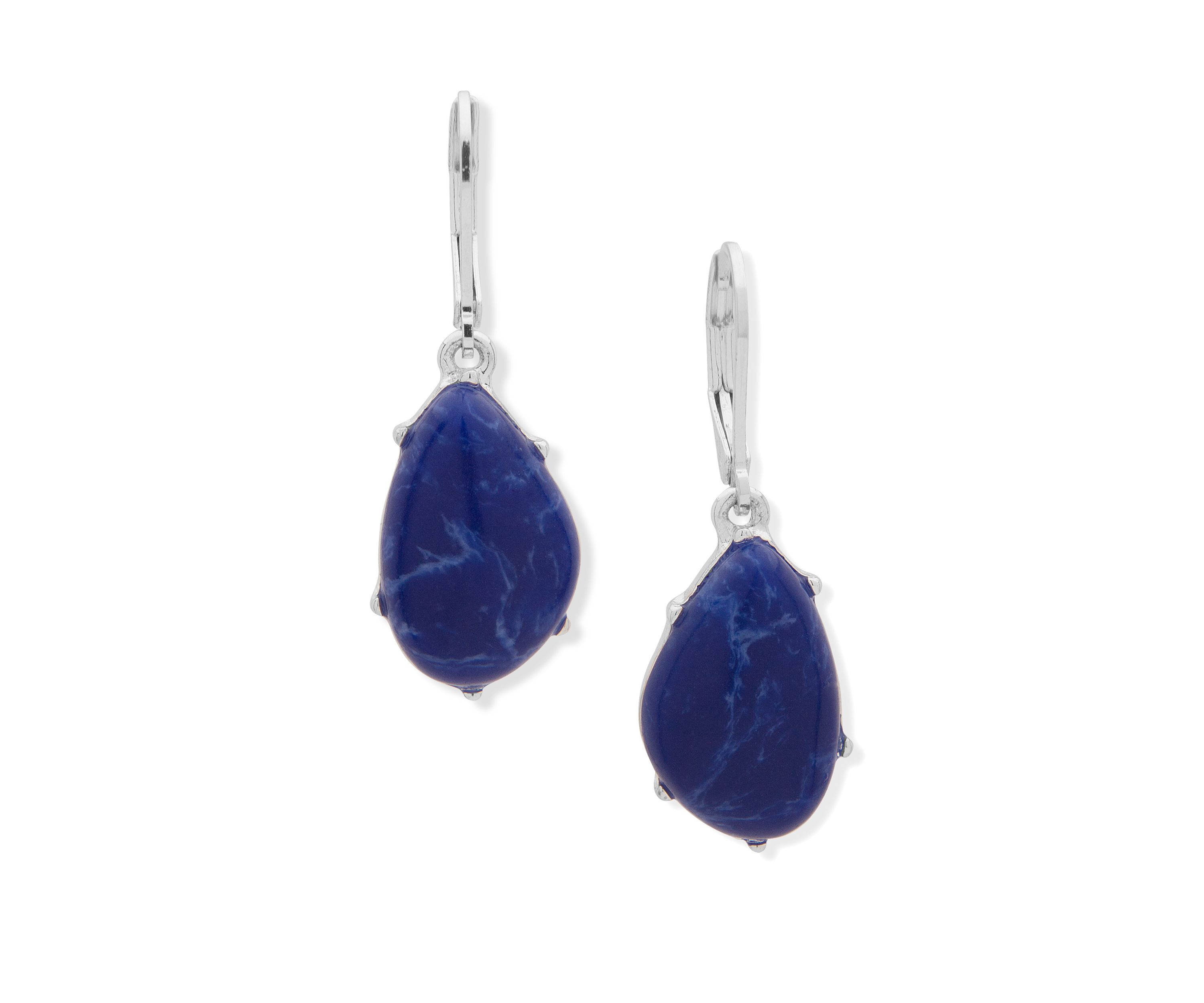 Silver Tone Blue Drop Lever Back Earrings