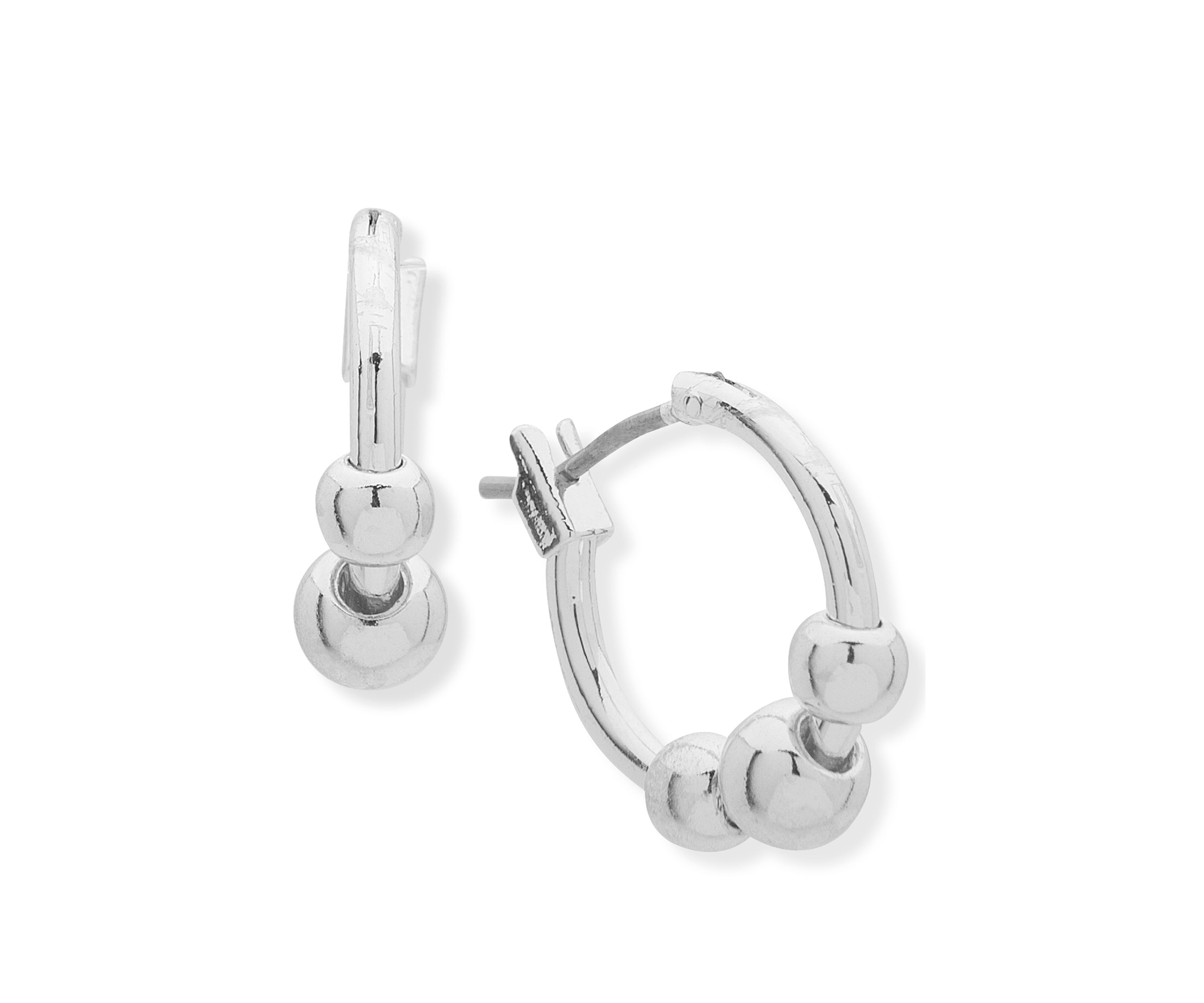 Silver Tone 3 Bead Click Top Hoop Earrings