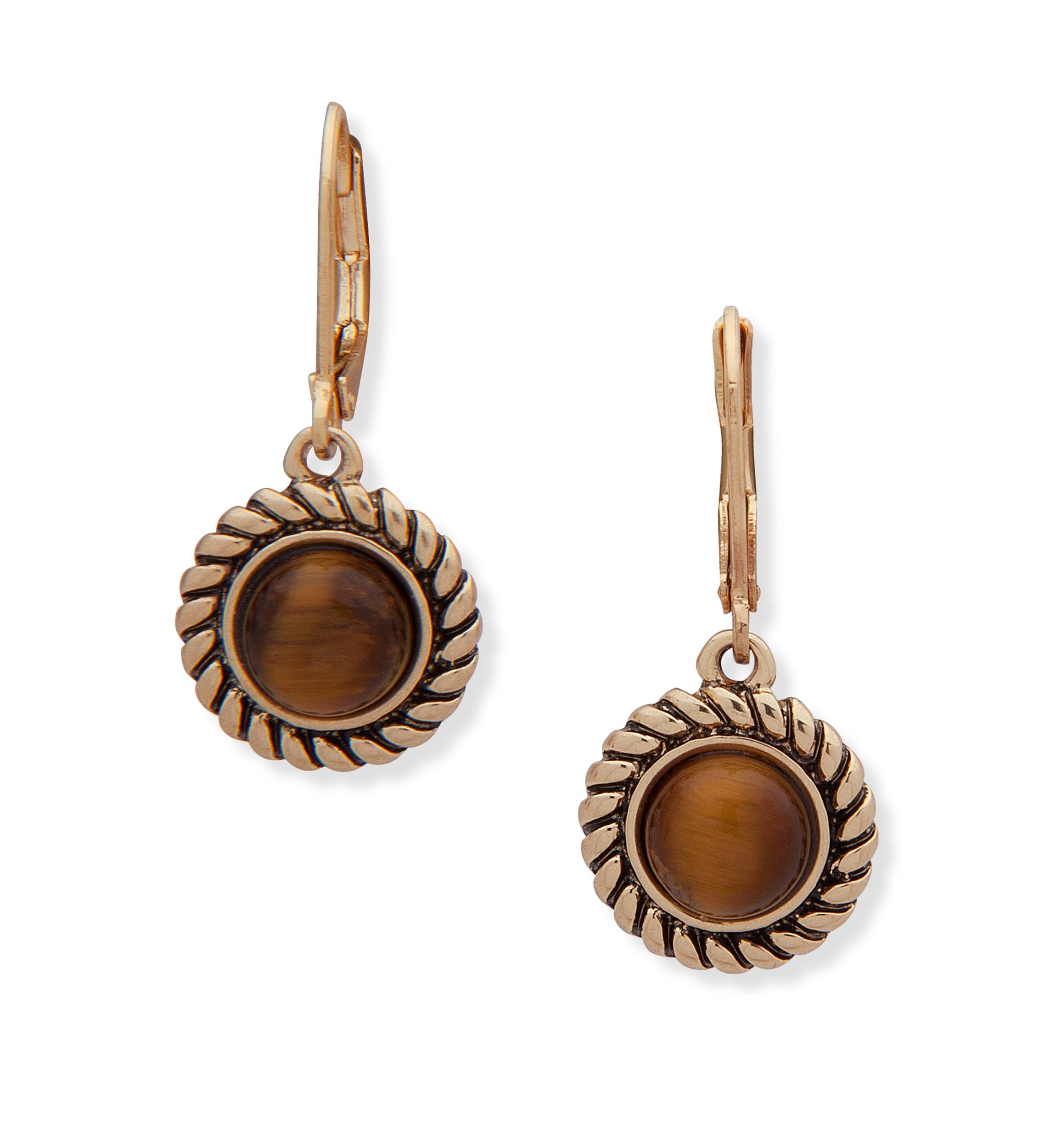 8 mm Gold-Tone Brown Tigers Eye Drop Lever Back Earrrings