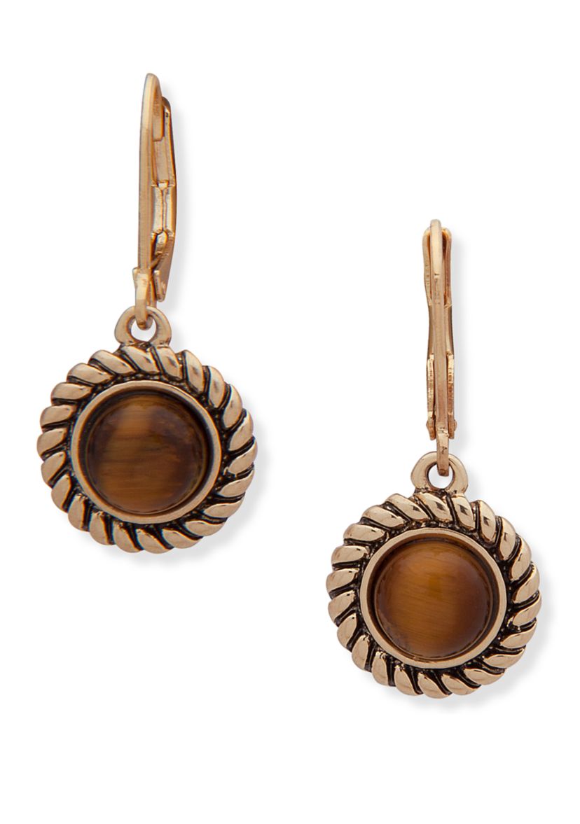 8 mm Gold-Tone Brown Tigers Eye Drop Lever Back Earrrings
