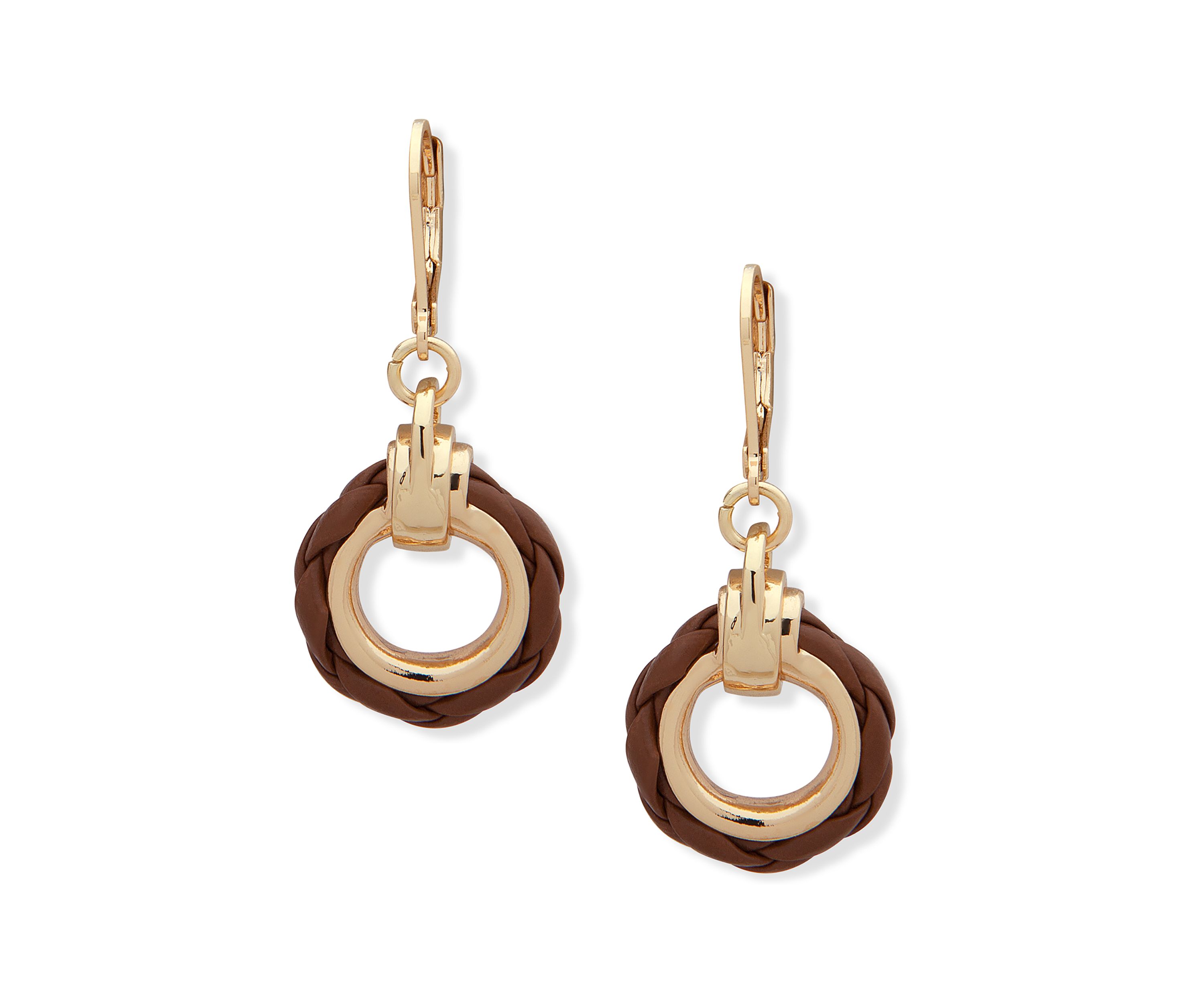 Gold Tone Brown Circle Drop Lever Back Earrings